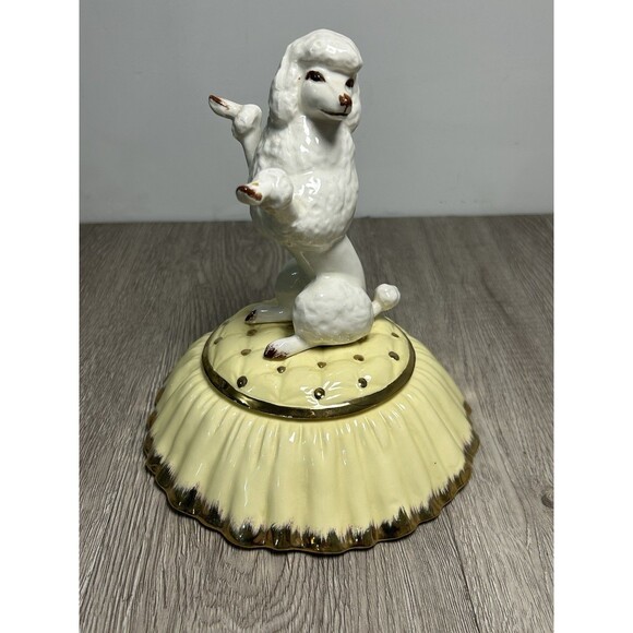 VTG MCM Porcelain Poodle Trinket Box Vanity Dish A. Stelin Regency Yellow Gold - Picture 2 of 15